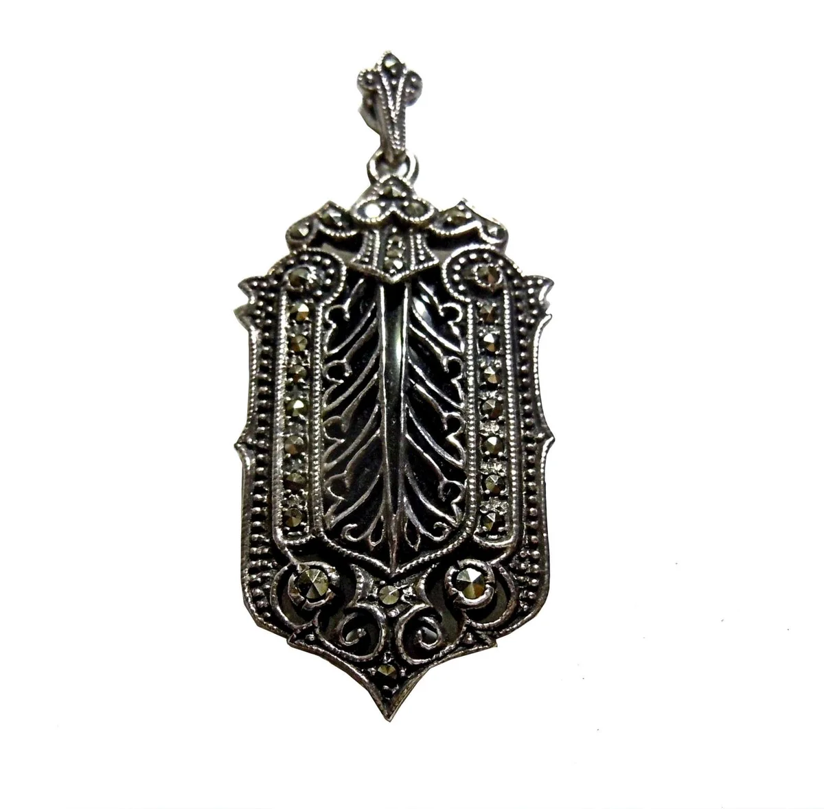925 Silber Jugendstil Anhänger mit Onyx und Markasiten an Kette