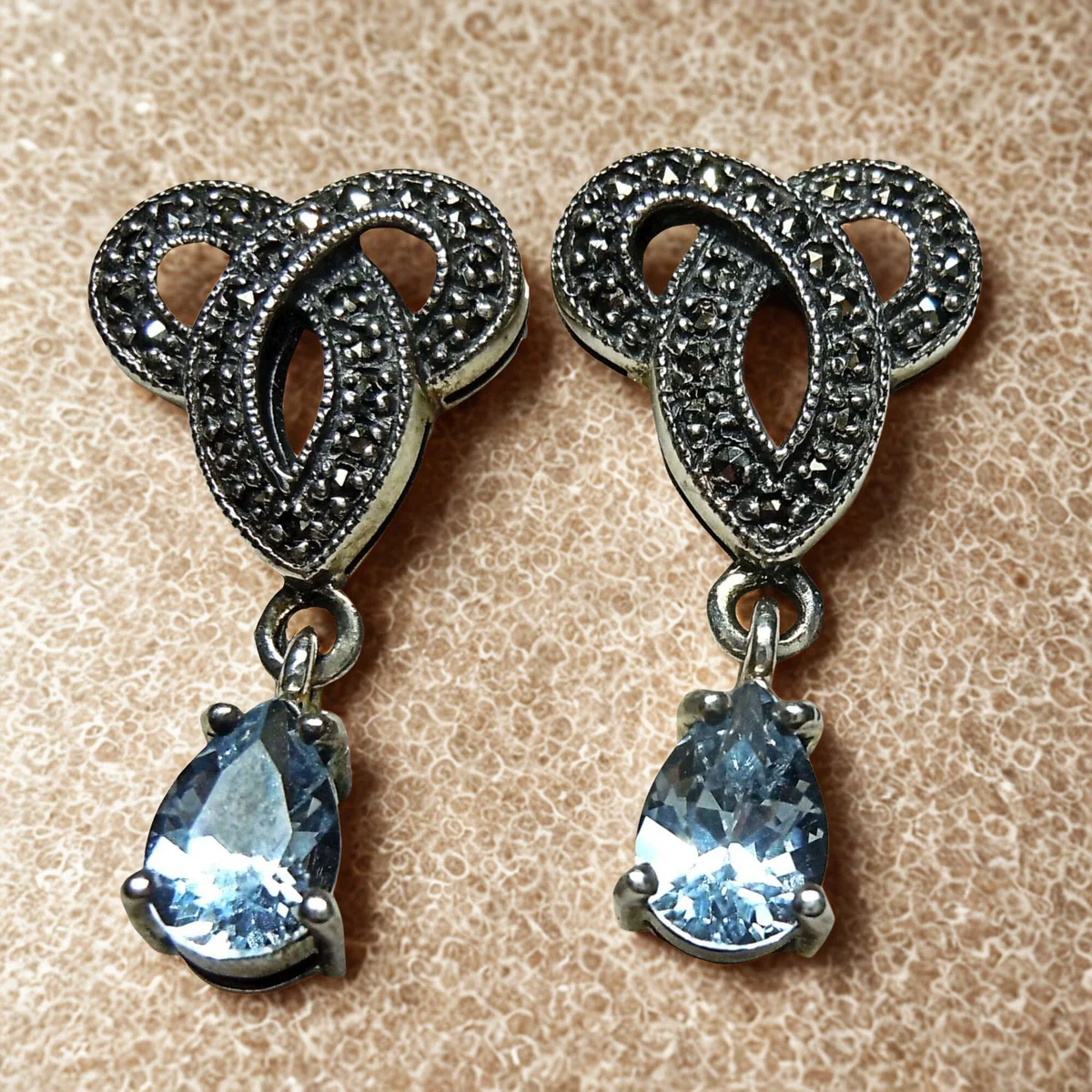 Elegante Jugendstil Ohrringe aus 925 Silber mit Aquamarin & Markasit – Handgefertigte Hängeohrringe