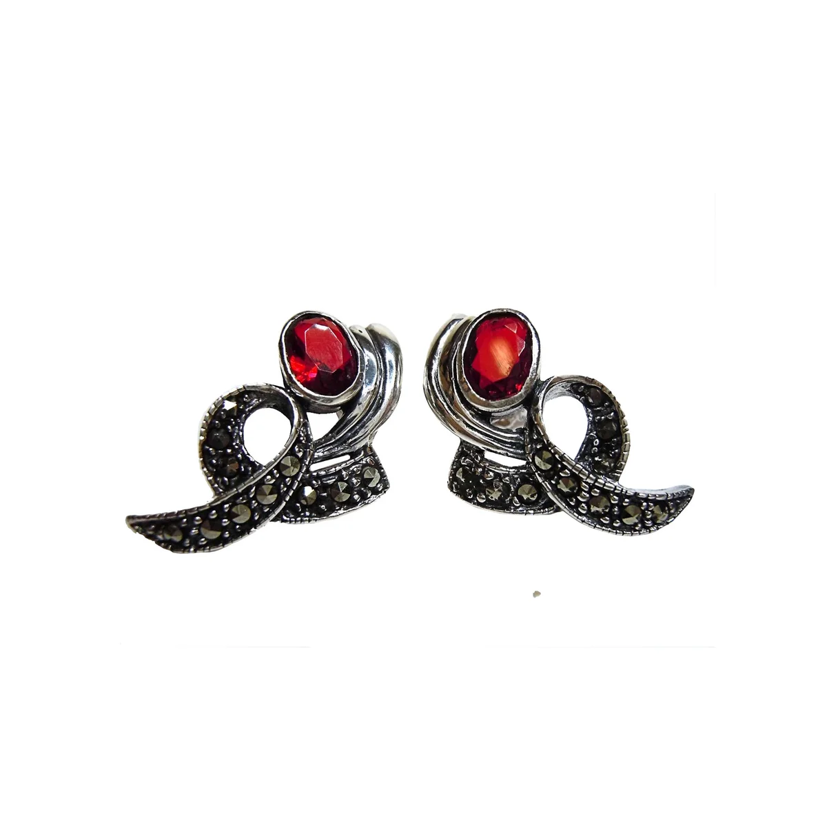 Jugendstil Ohrringe aus 925 Silber mit Granat & Markasit – Elegante Ohrstecker