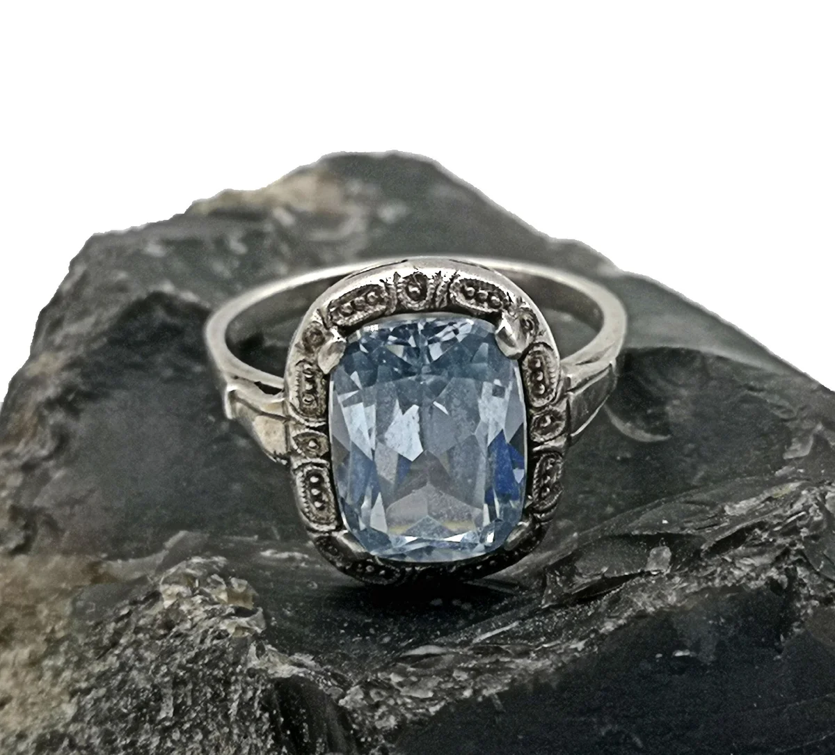Art Déco Ring mit Blautopas – 835 Silber, handgefertigt aus Pforzheim, Größe 60
