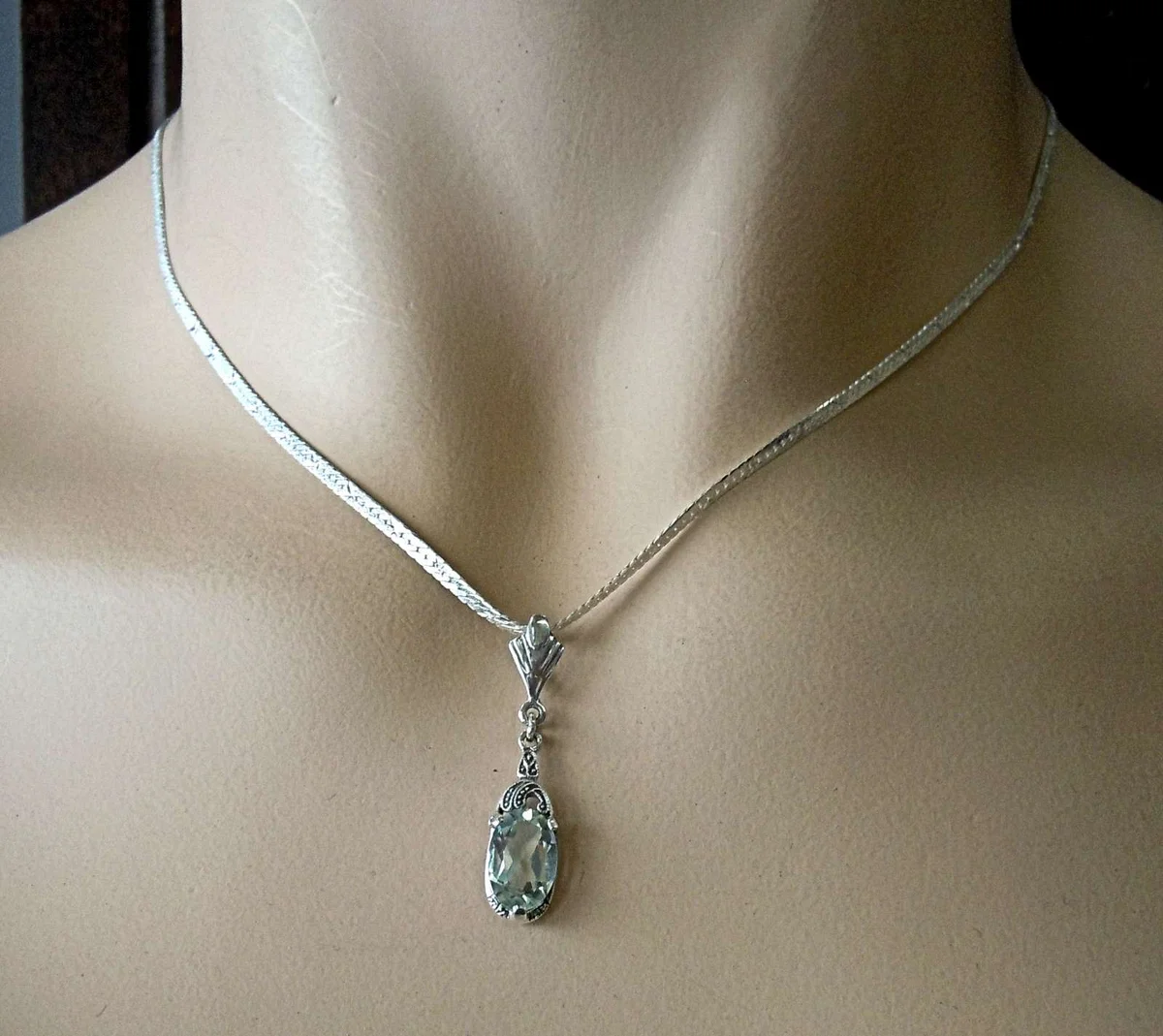 925 Silber ART DECO Collier mit grünem Amethyst - 60 cm