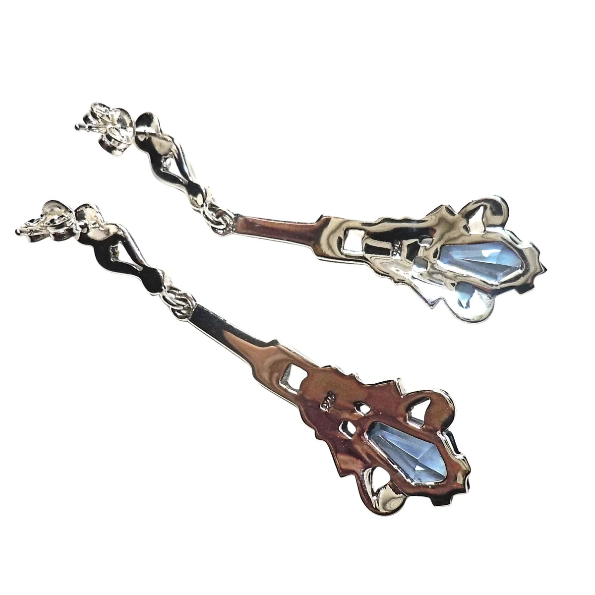 Exklusive ART-DECO Ohrringe aus 925 Sterling Silber mit handgefasstem Aquamarin & Markasiten