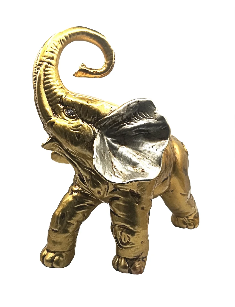 Vergoldeter Keramik Elefant Valle d’Oro Patchi – 80er Jahre Boho Chic Dekofigur mit Kristallaugen