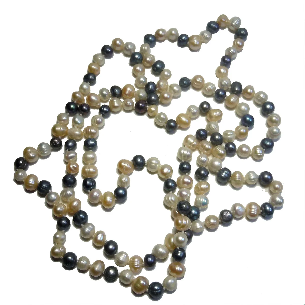 Langes Süßwasserperlen Collier 140 cm – Weiße, Apricot & Graue Echte Perlenkette