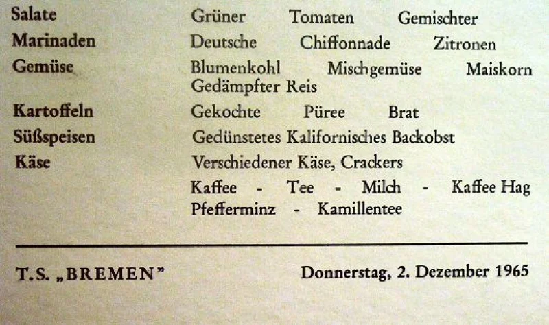 Menue Karte T.S Bremen vom 02. Dezember 1965