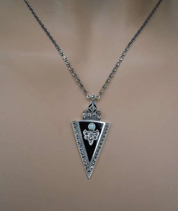 925 Silber Art Deco Collier mit Onyx, Opal und Markasiten