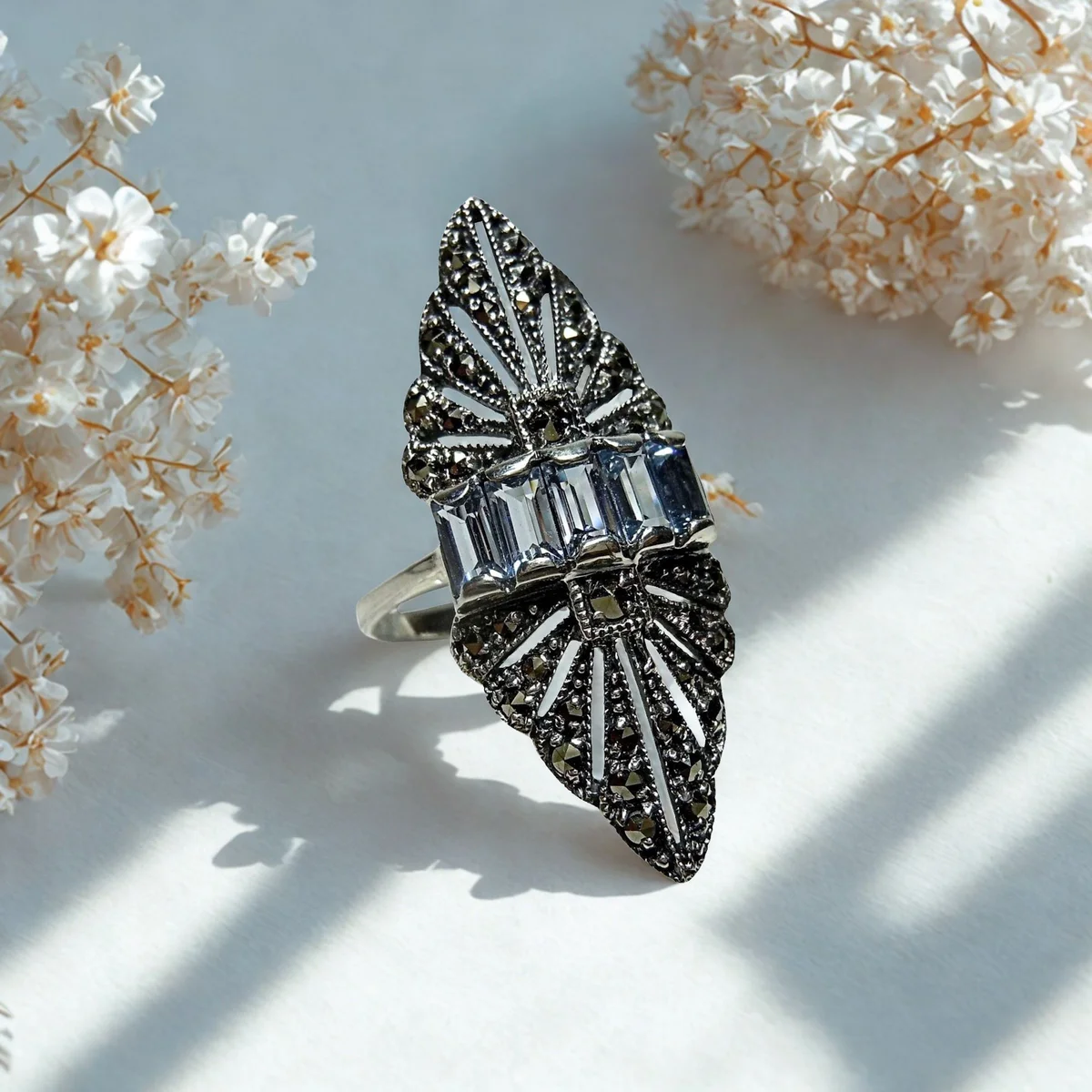 Jugendstil Ring mit  Aquamarin & Markasit – 925 Sterling Silber Navette Design RG52