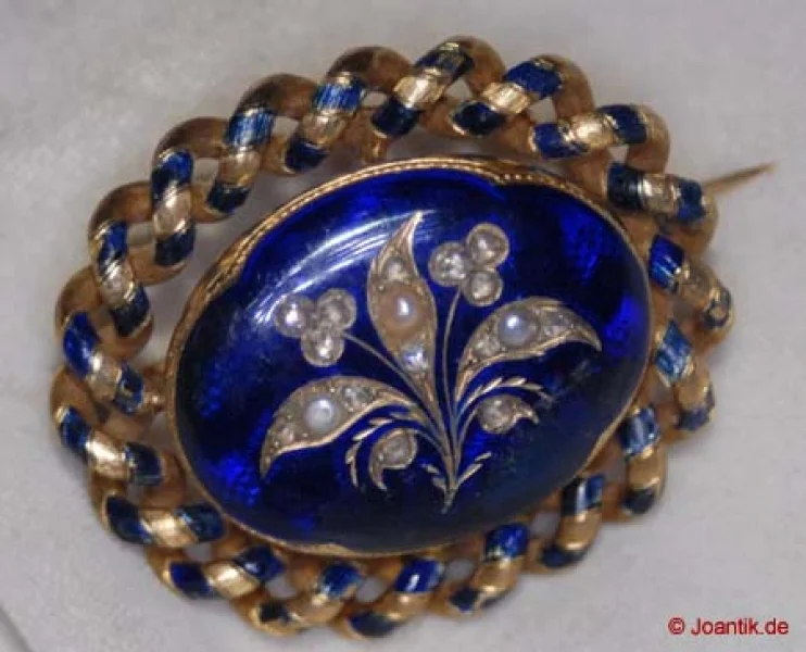 18ct Gold Biedermeier Diamant Email Brosche mit Babyperlen Besatz