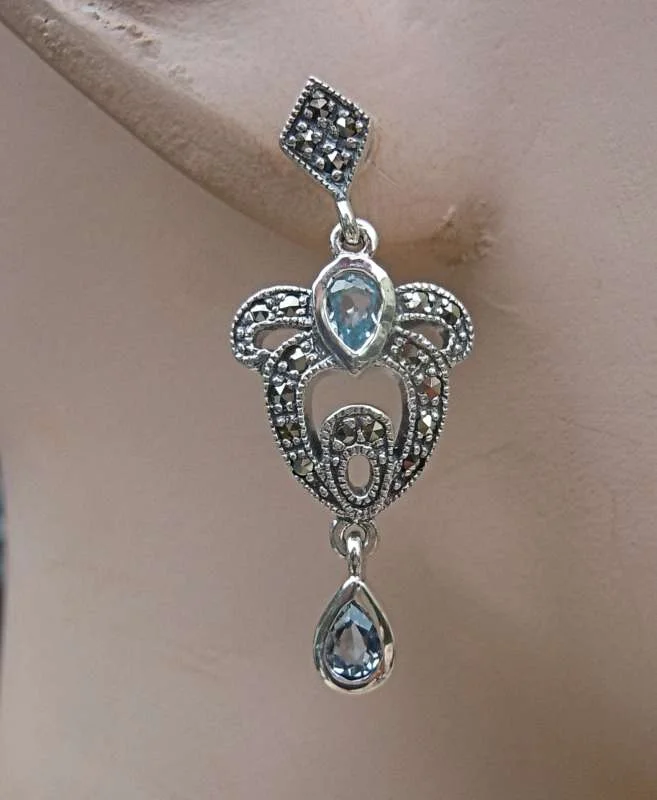 925 Silber Aquamarin Jugendstil Schleifen Ohrringe mit handgefassten Markasiten