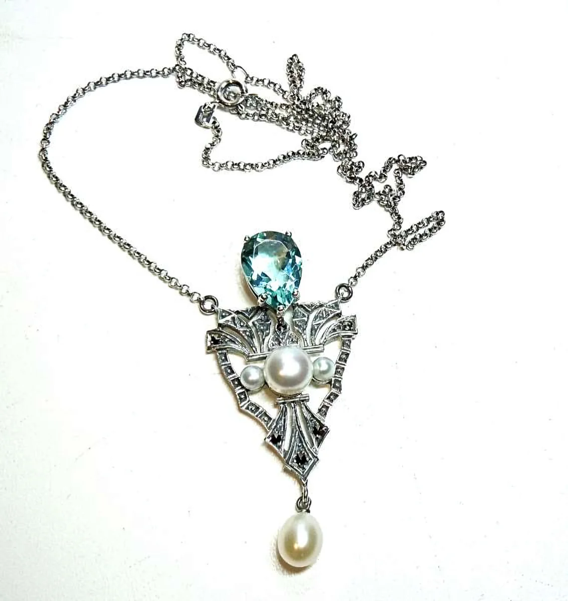 Traumhaftes Jugendstil Collier mit Aquamarin & Perlen | Handgefertigter 925 Silber Halsschmuck aus Pforzheimer Manufaktur