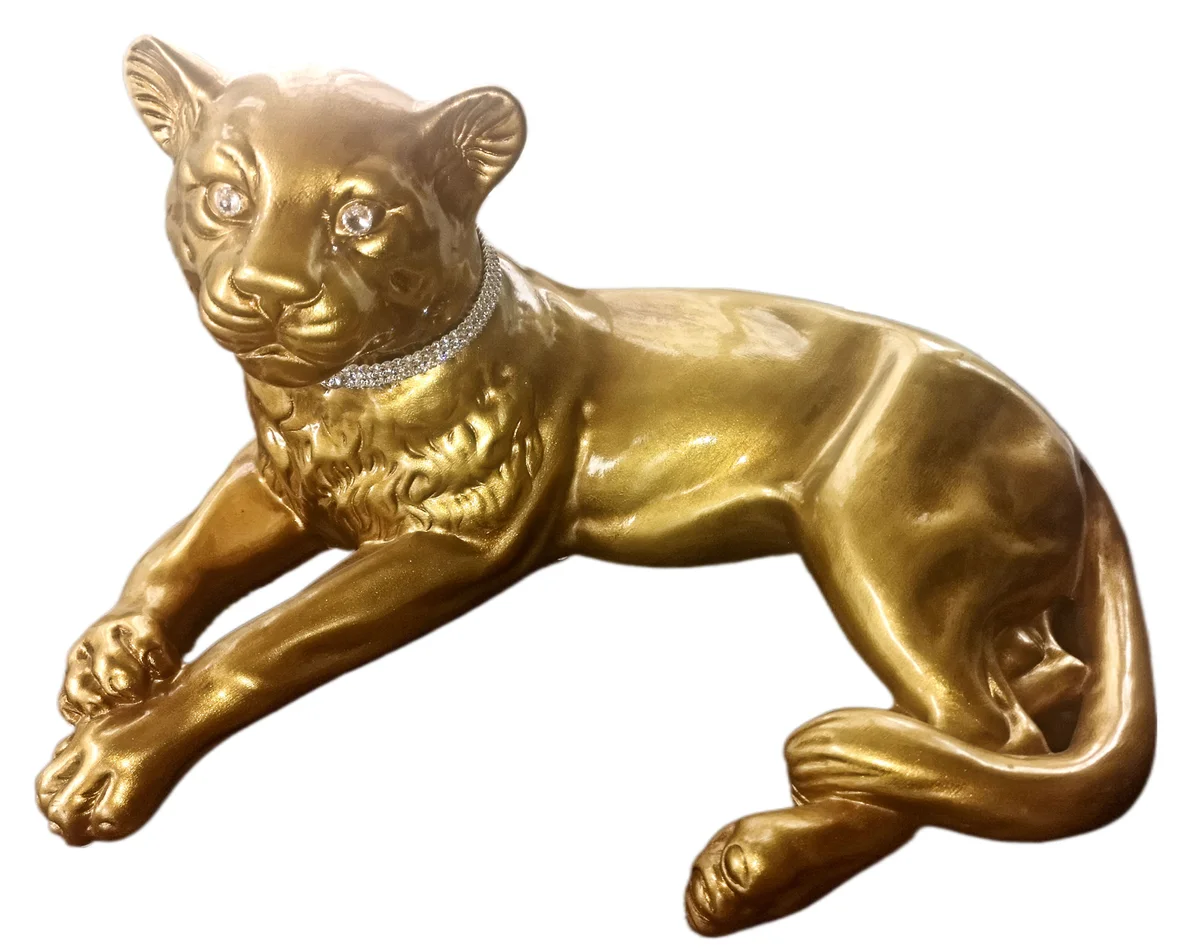 Vergoldeter Keramik-Panther liegend – Valle d’Oro Patchi, Italien, 80er Jahre Boho Chic Dekofigur