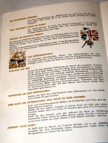 Info Bord Blatt der TS Bremen von 1965