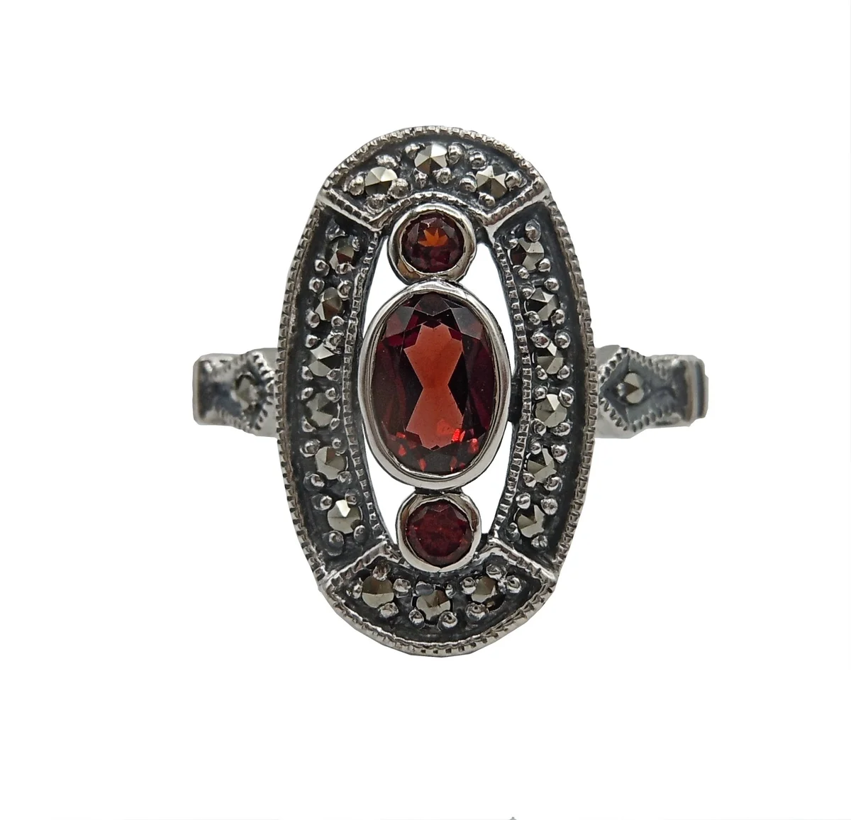 Silber Jugendstil Ring mit Granatbesatz und Markasiten  RG 54
