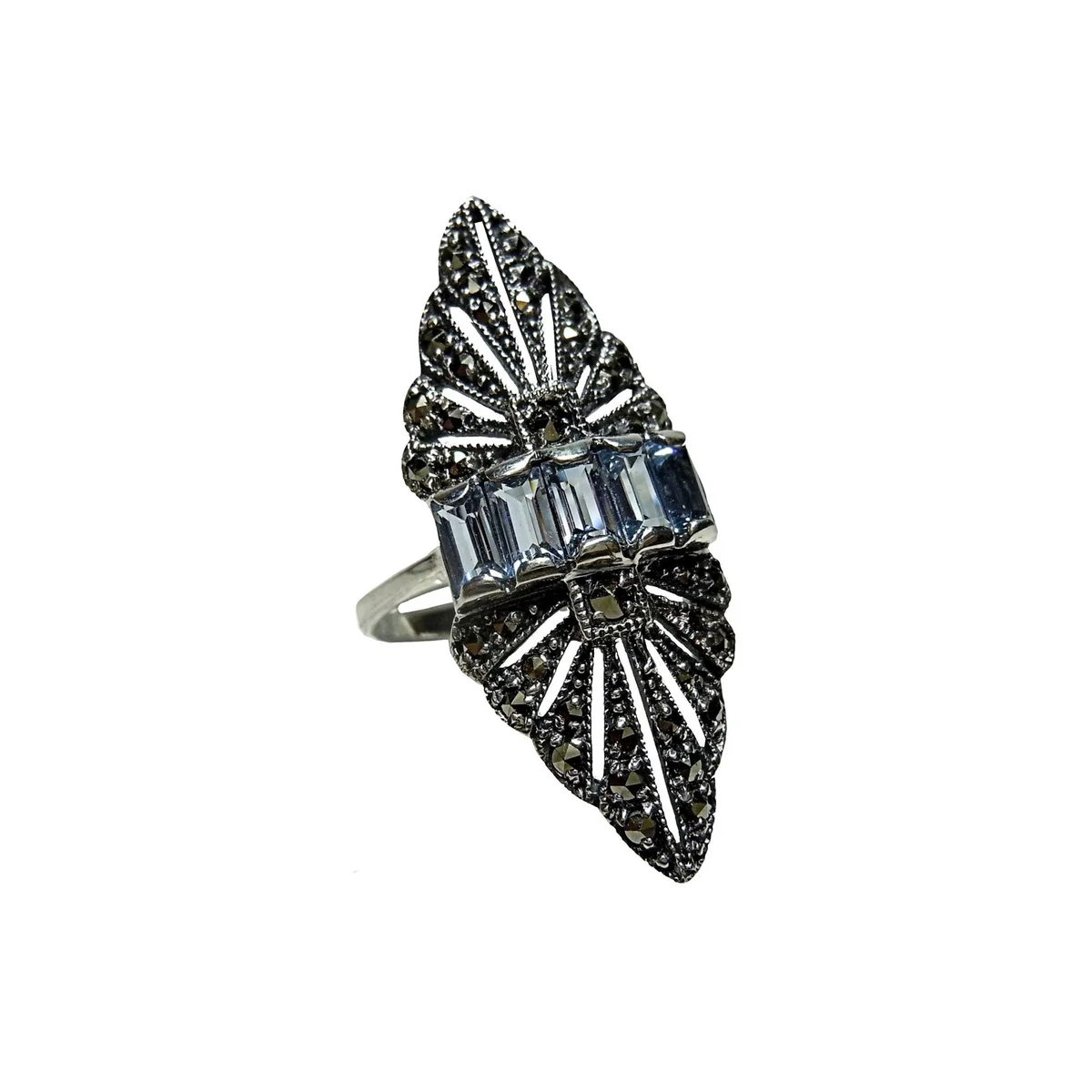 Jugendstil Ring mit  Aquamarin & Markasit – 925 Sterling Silber Navette Design RG54