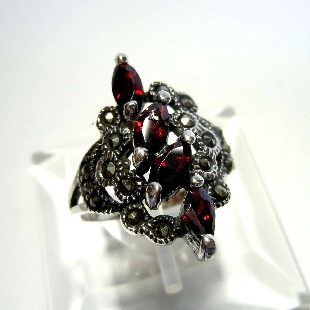 Granat Jugendstil Navette Silber Ring mit Markasit RG62