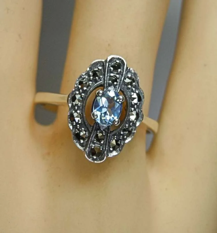 Feiner Silber Jugendstil Ring mit ovalem Aquamarin + Markasiten handgefaßt RG58