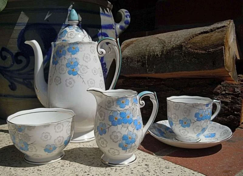 Handbemaltes Mocca- & Kaffeeservice aus Bone China von Roslyn – Dekor AVIS, England