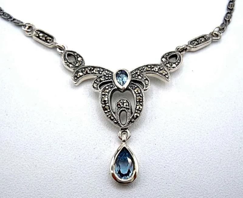 Feines Jugendstil Silber Collier mit Aquamarin und Markasiten