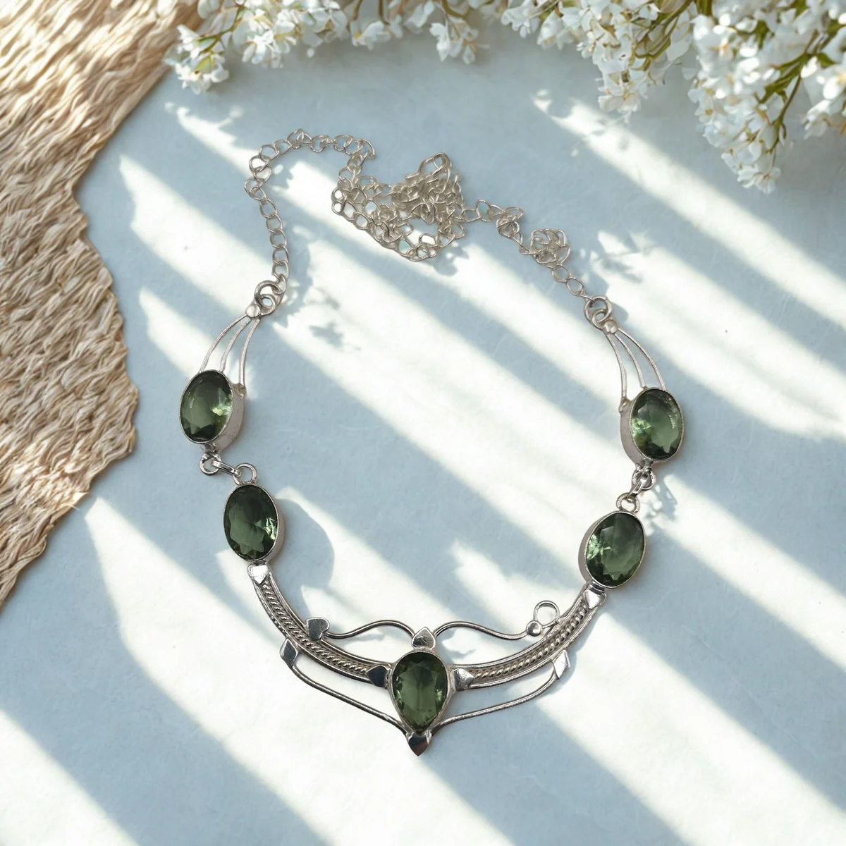 Edles Peridot Collier aus 925 Sterling Silber – 50 cm – Handgefertigtes Tribal Boho Design