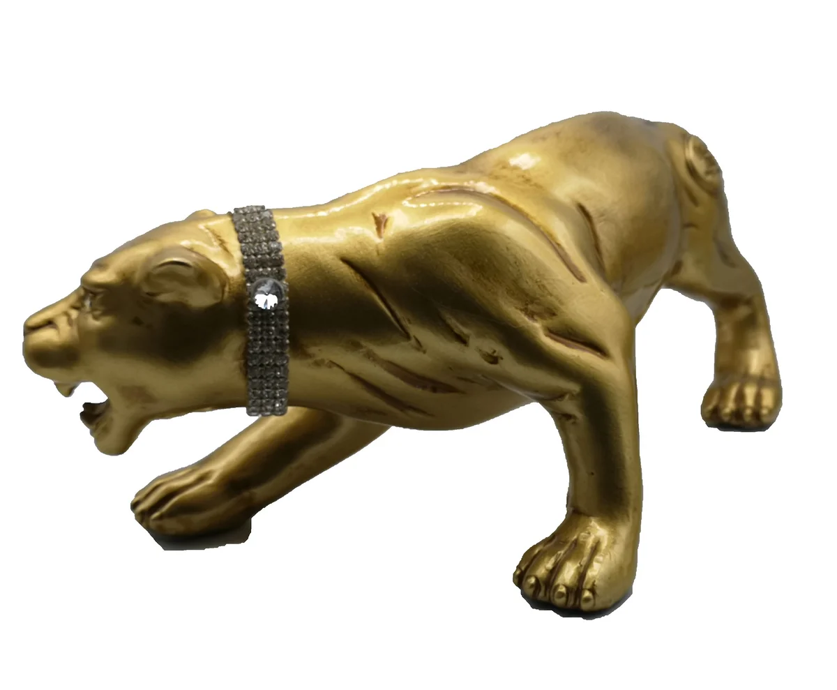 Vergoldeter Keramik Panther Valle d’Oro Patchi – 80er Jahre Boho Chic Dekofigur mit Kristallhalsband