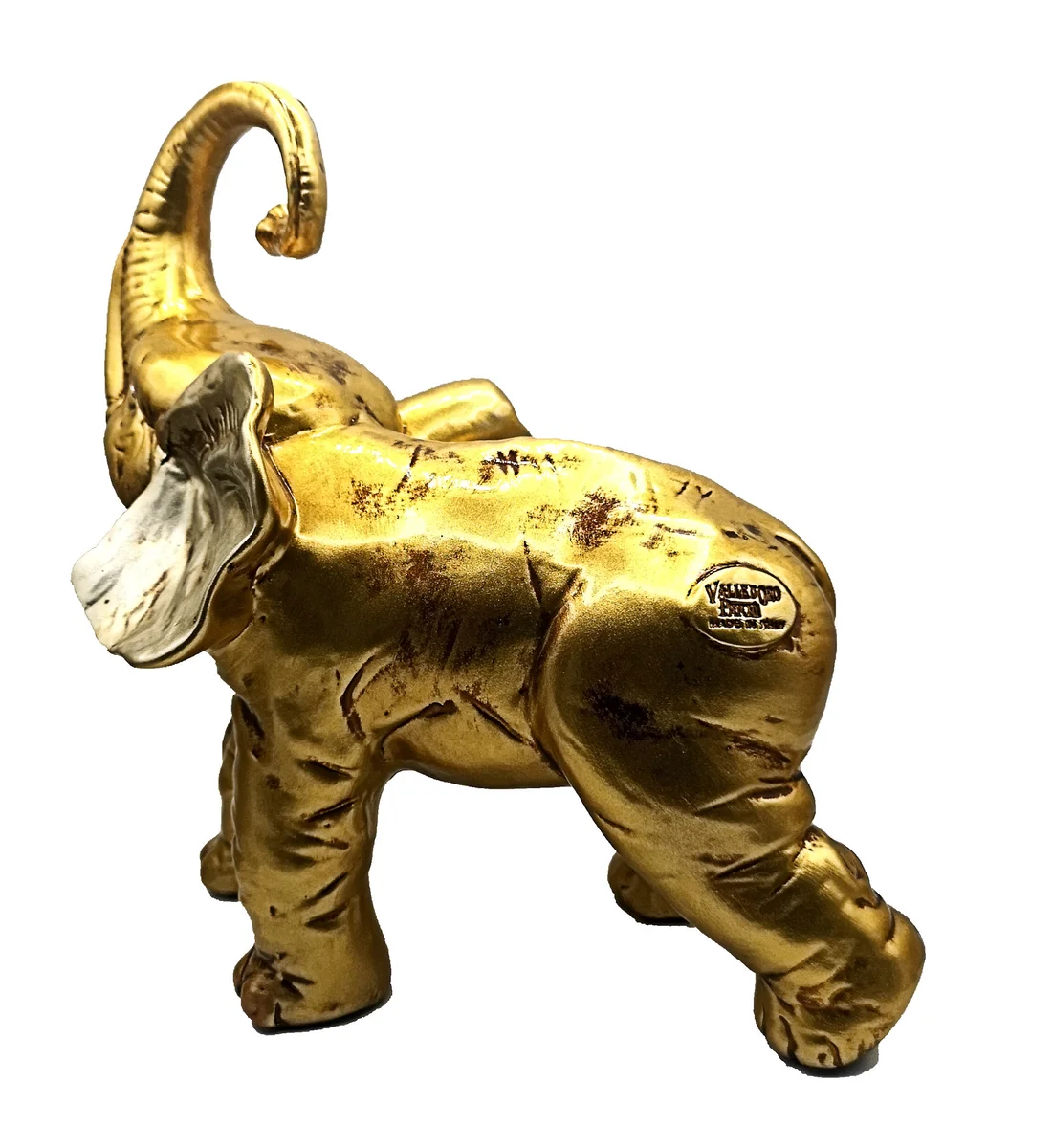 Vergoldeter Keramik Elefant Valle d’Oro Patchi – 80er Jahre Boho Chic Dekofigur mit Kristallaugen
