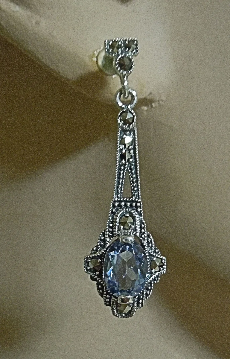 Exklusive Jugendstil-Ohrhänger aus 925 Silber mit handgefasstem Aquamarin & Markasit