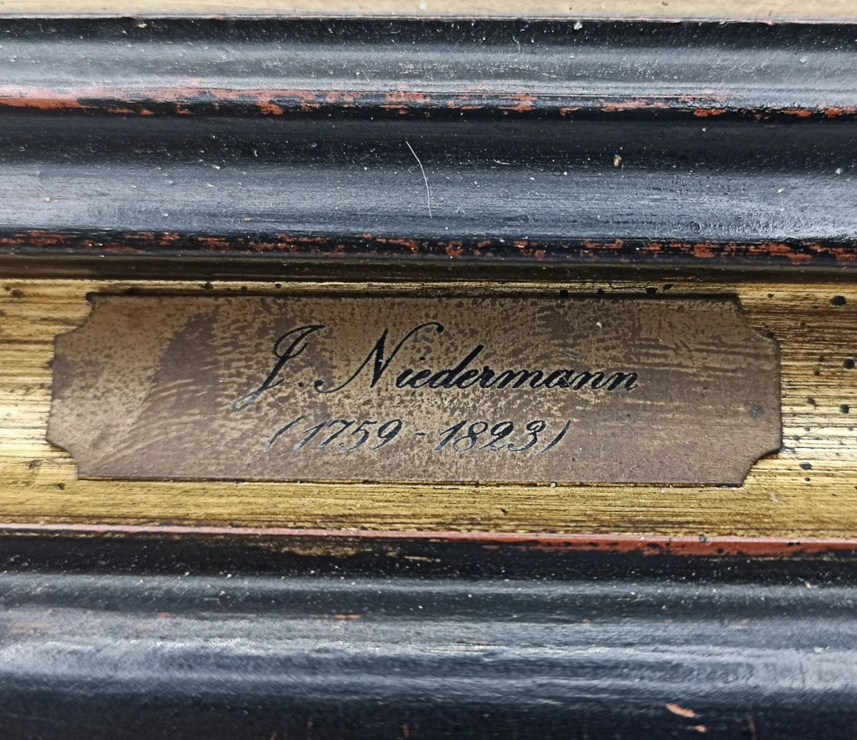 Zertifizierte Kalligraphie zu Kupferstich von J. Niedermann, Holzrahmen, 34x37cm, Der italienische Schreiber