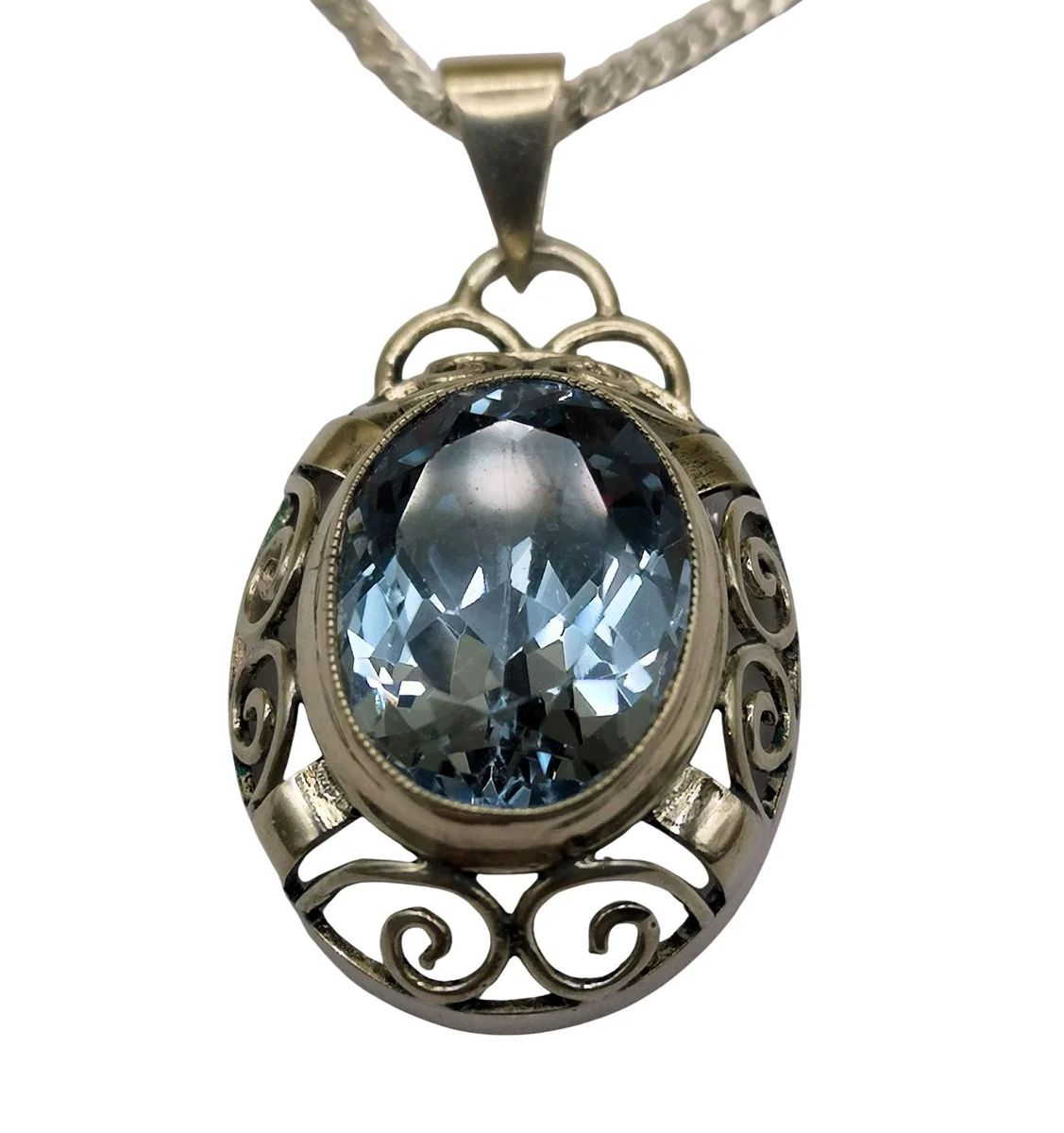 Antiker Art Déco Anhänger 830 Silber mit Blautopas & 925 Silberkette 50cm