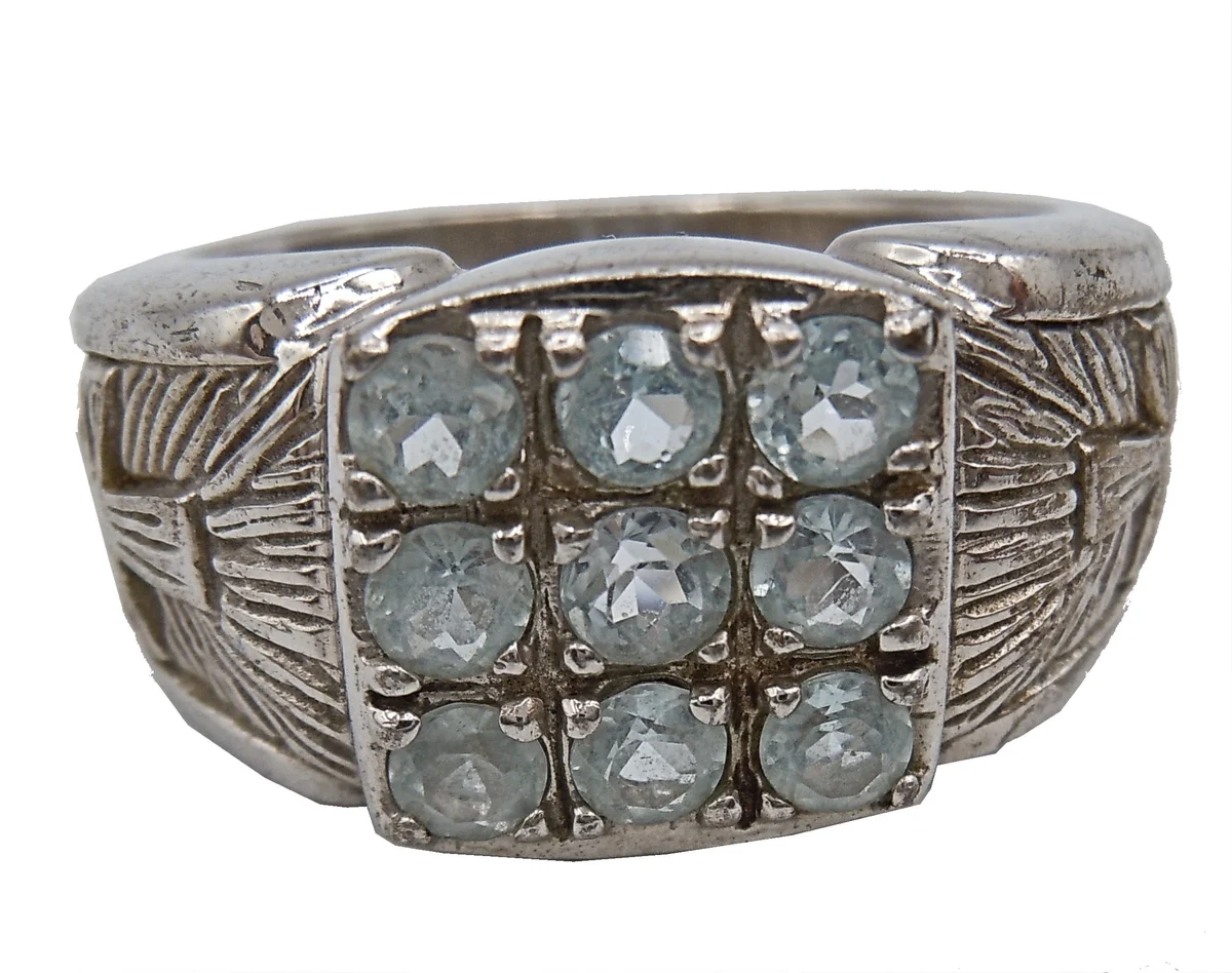 Modernistischer 925 Silberring mit 9 Aquamarinen – Ringgröße 62