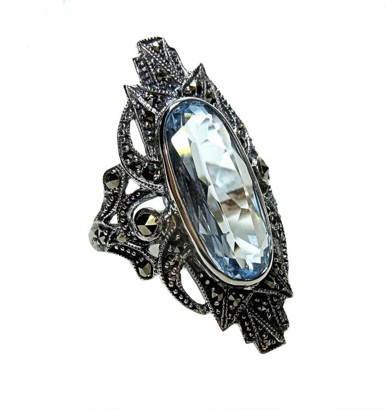 Prächtiger Noblesse Silber Jugendstil Navette Ring mit Aquamarin + Markasiten RG62