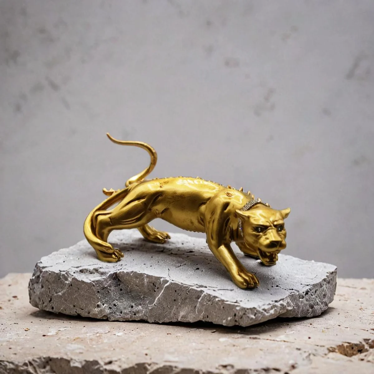 Vergoldeter Keramik Panther Valle d’Oro Patchi – 80er Jahre Boho Chic Dekofigur mit Kristallhalsband