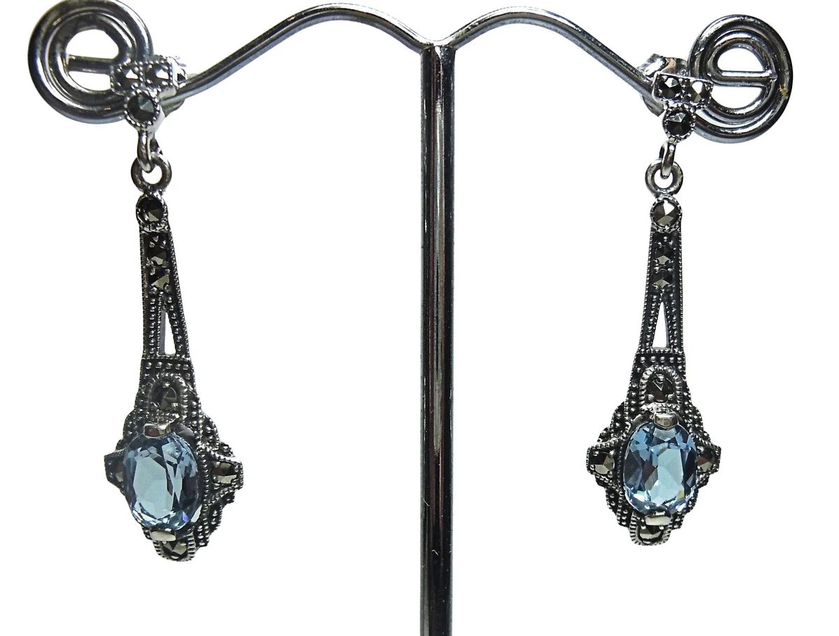 Exklusive Jugendstil-Ohrhänger aus 925 Silber mit handgefasstem Aquamarin & Markasit