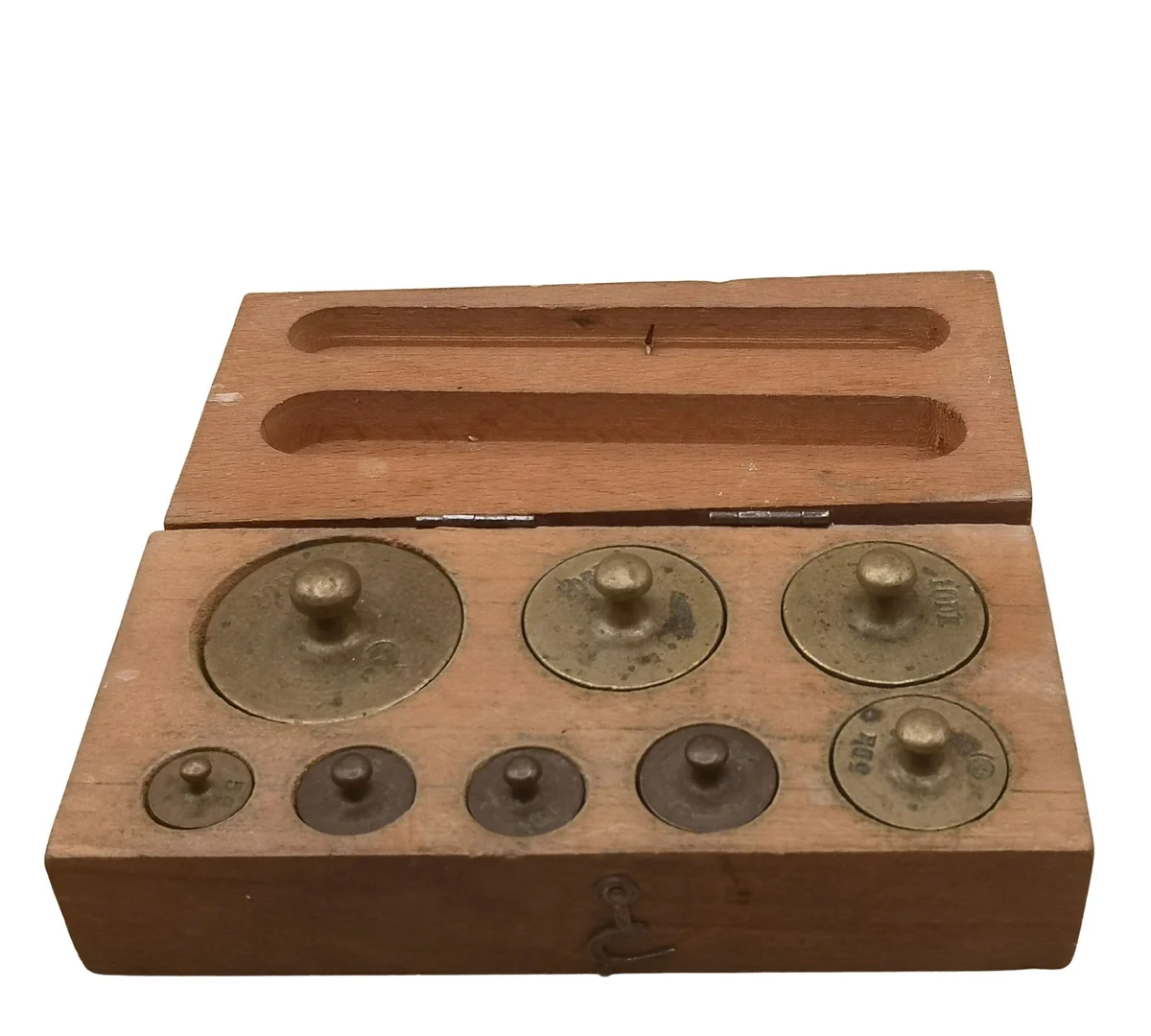 Antiker Messing Gewichtssatz 5g - 20dk im Holzkasten – Komplett mit österreichischem Eichstempel (ca. 1920)