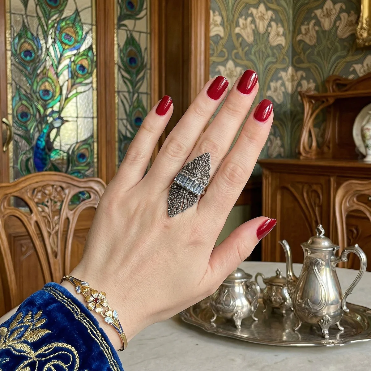 Jugendstil Ring mit  Aquamarin & Markasit – 925 Sterling Silber Navette Design RG52
