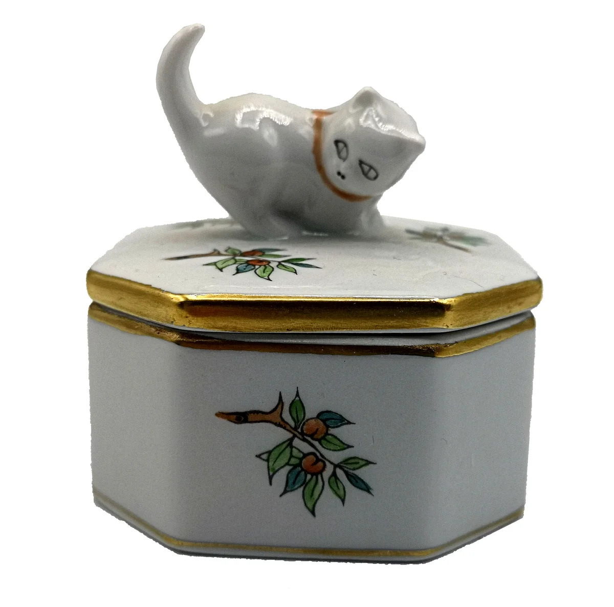 Herend Porzellan Deckel Dose mit Katze - Schmuckdose - Pillendose