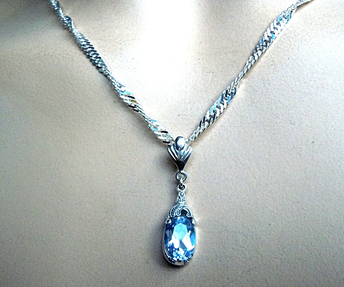 Art-Deco Aquamarin Schmuckset aus 925 Silber – Anhänger mit Ohrhängern & Singapurkette