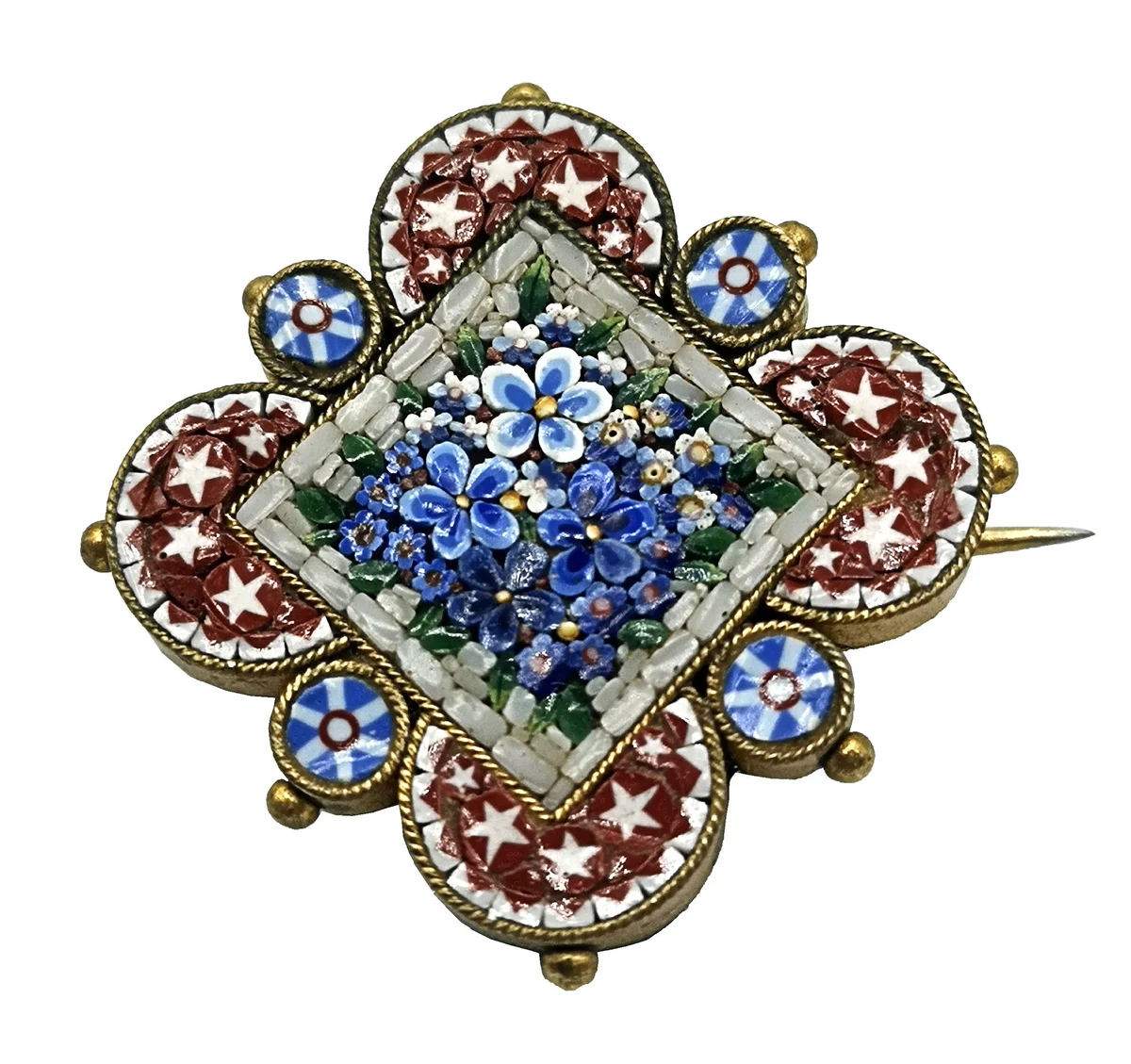 Murano Millefiori Vergissmeinnicht Brosche vergoldet um 1900