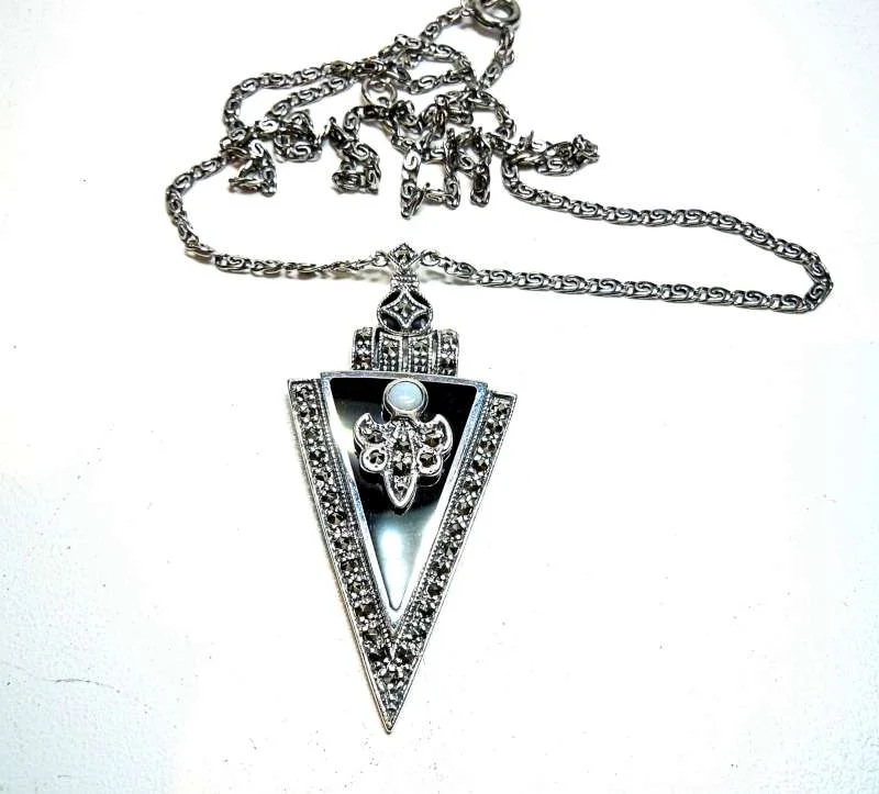 925 Silber Art Deco Collier mit Onyx, Opal und Markasiten