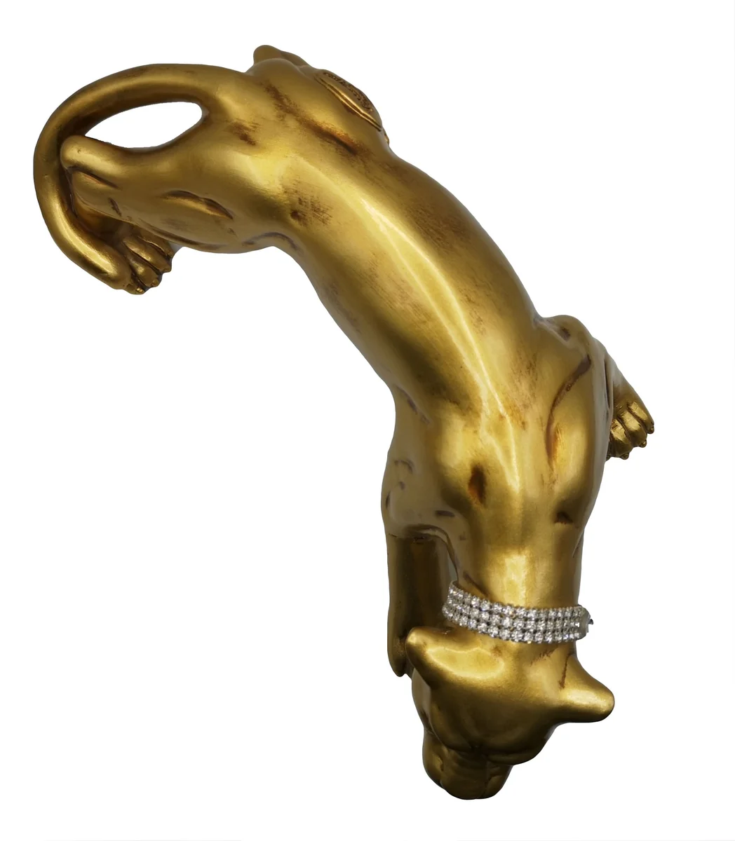 Vergoldeter Keramik Panther Valle d’Oro Patchi – 80er Jahre Boho Chic Dekofigur mit Kristallhalsband