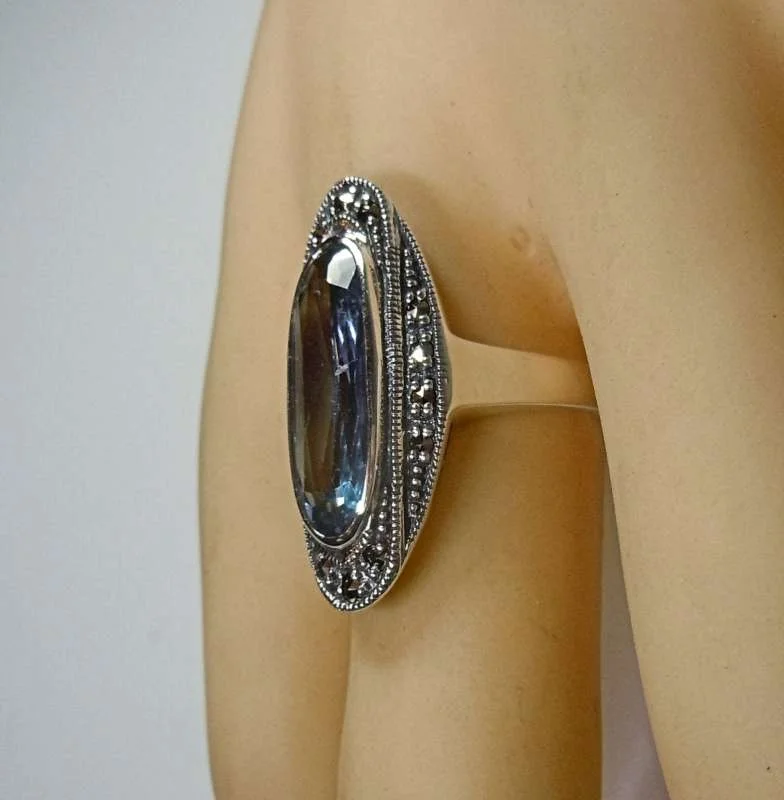 Silber Jugendstil Ring mit ovalem Aquamarin & handgefassten Markasiten – 925 Sterling Silber RG56