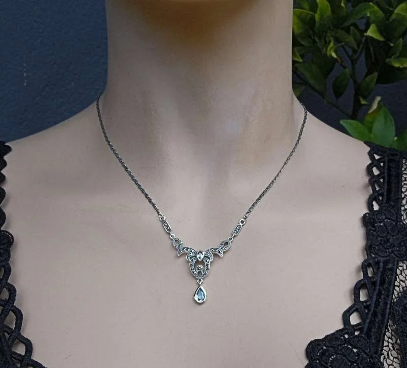 Feines Jugendstil Silber Collier mit Aquamarin und Markasiten