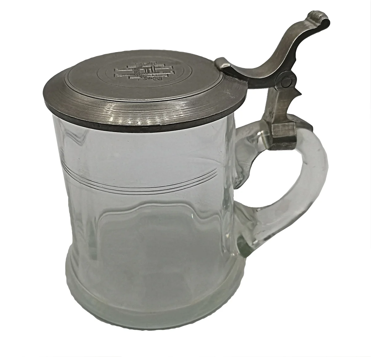 Jugendstil Glaskrug mit Zinndeckel  und Monogramm H.H.