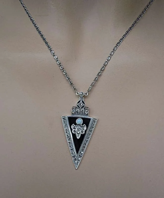 925 Silber Art Deco Collier mit Onyx, Opal und Markasiten