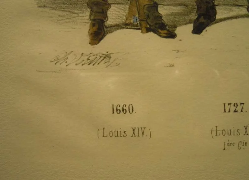 Chromo Lithografie von Charles Vernier - Musketiere um 1850