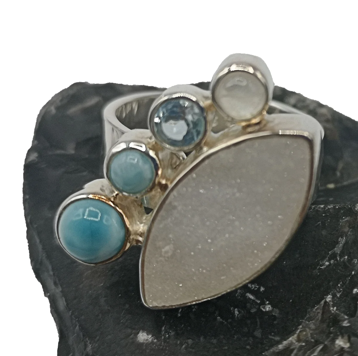 Edler 925 Silber Design Ring mit Larimar + Achat