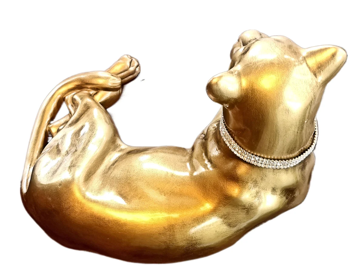 Vergoldeter Keramik-Panther liegend – Valle d’Oro Patchi, Italien, 80er Jahre Boho Chic Dekofigur