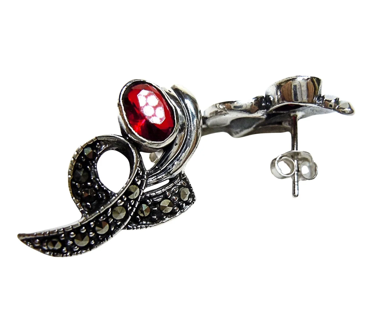 Jugendstil Ohrringe aus 925 Silber mit Granat & Markasit – Elegante Ohrstecker