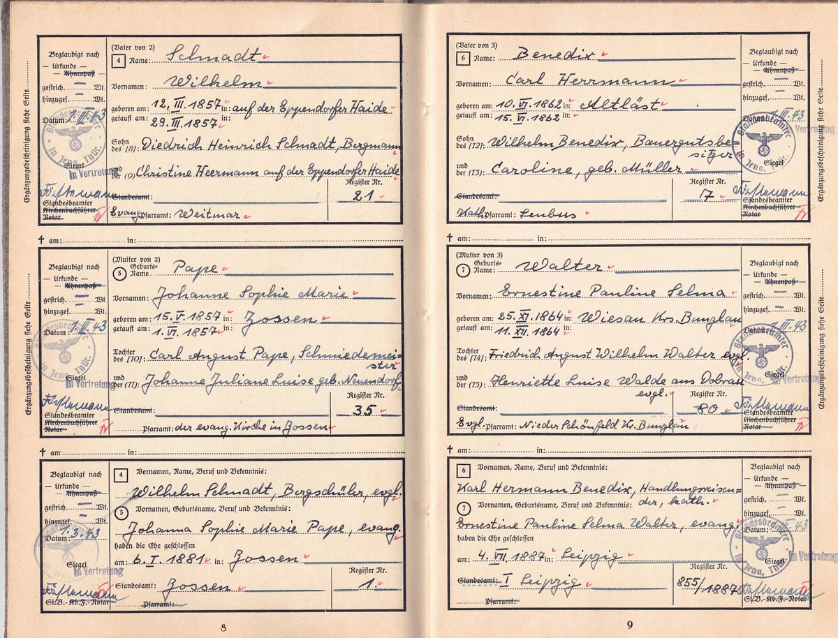 Ahnenpaß Gehre / Schnadt aus Jena 1943
