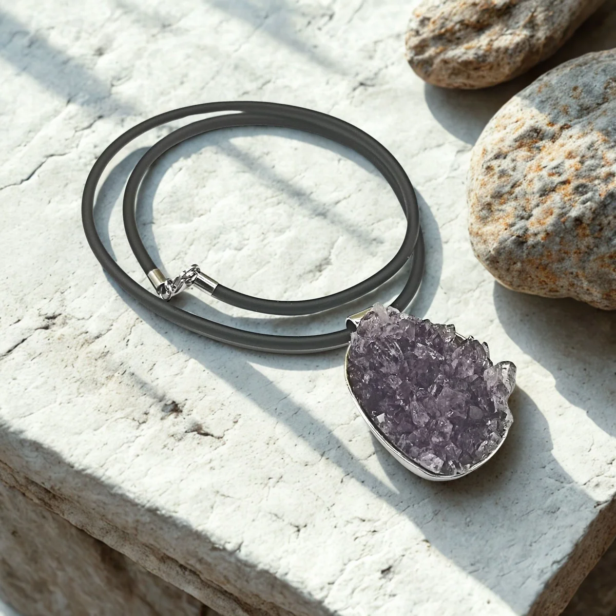 Amethyst Anhänger Naturform 925 Silber – Rohstein mit Naturkautschuk Band 45 cm