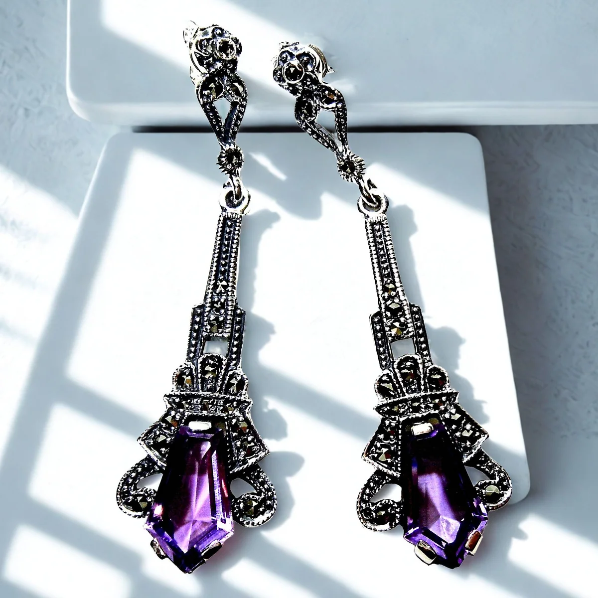 Art-Deco Ohrschmuck aus 925 Silber mit Amethyst & Markasit – handgefertigte Exklusivität